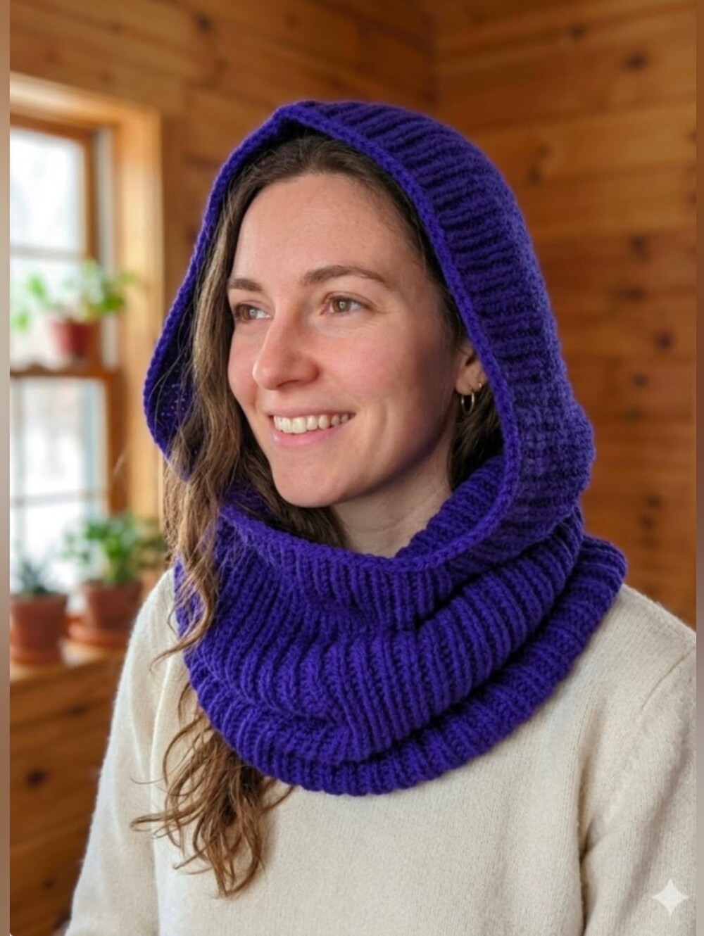 Handmade Knit Tube Scarf Hood Neck Warmer Purple Acrylic Yarn